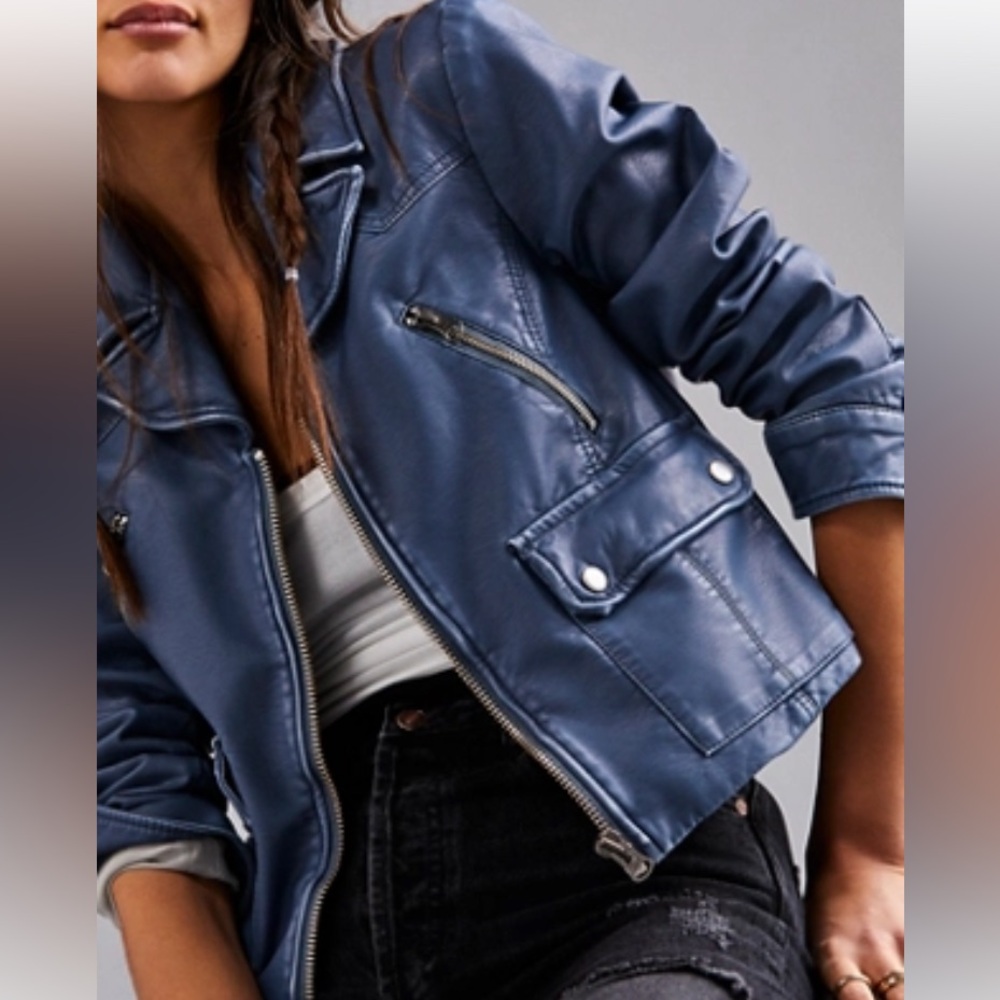 Free People Blue Vegan Leather Cropped Moto Jacket